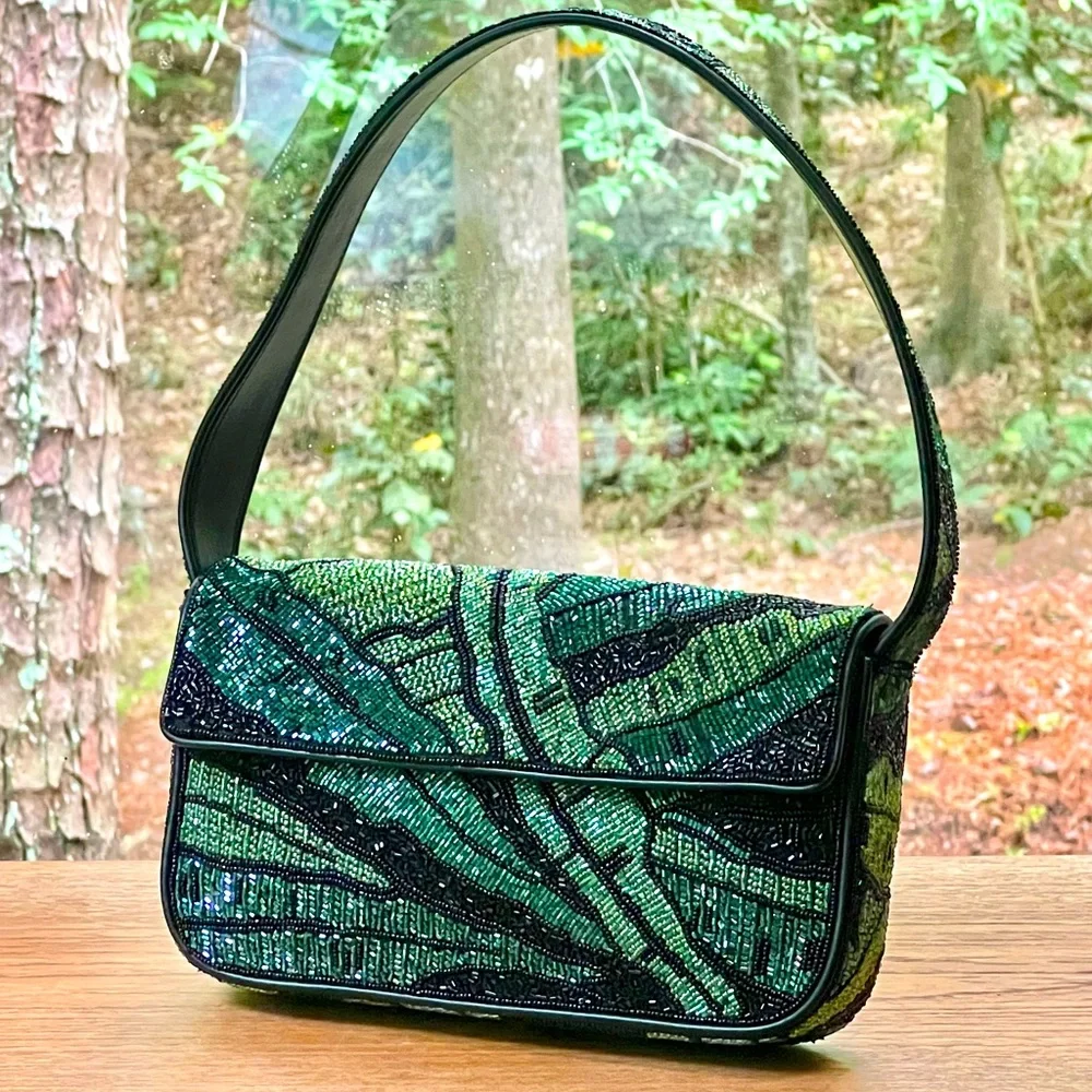 🌺🎉HP🎉🌺 NWOT Staud Beaded Tommy Shoulder Bag Green Palms  🌟 Rare Find 🌟 - Picture 4 of 16